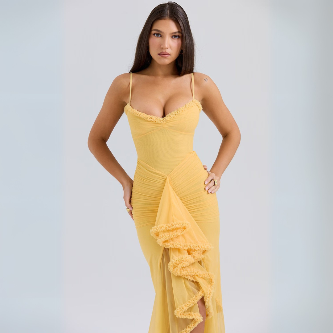 Damen Midi-Kleid Gerafft Sommerlich Gelb