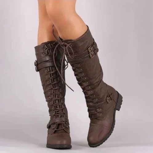 Damen Retro Stiefel mit flacher Schnalle und Schnürung