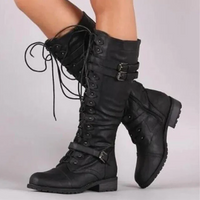 Damen Retro Stiefel mit flacher Schnalle und Schnürung