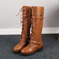 Damen Retro Stiefel mit flacher Schnalle und Schnürung