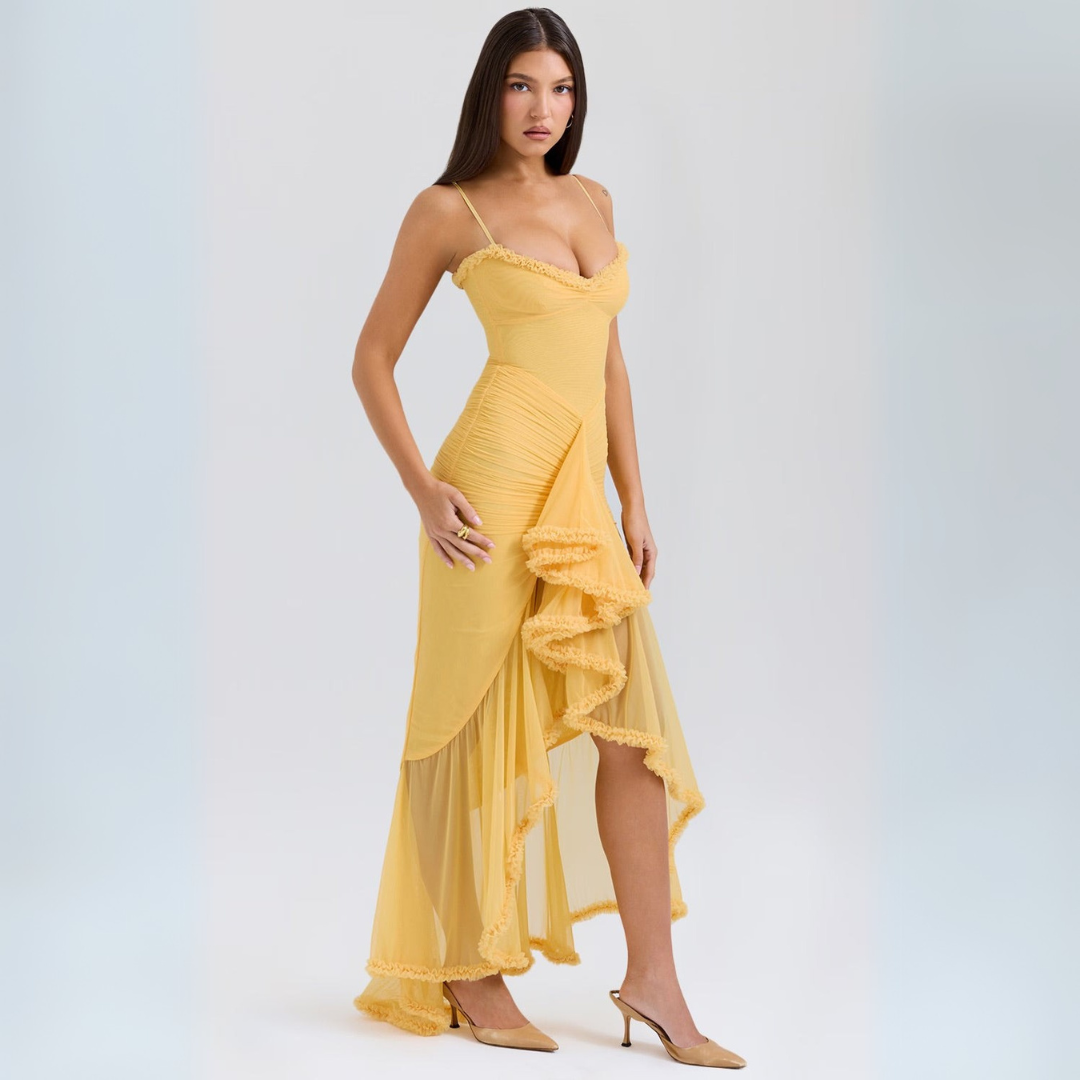 Damen Midi-Kleid Gerafft Sommerlich Gelb